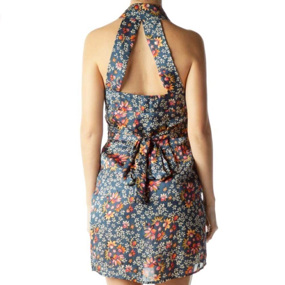 Sweet Candy Blue Flower Print High Neck Day Dress - Picture 3 of 3